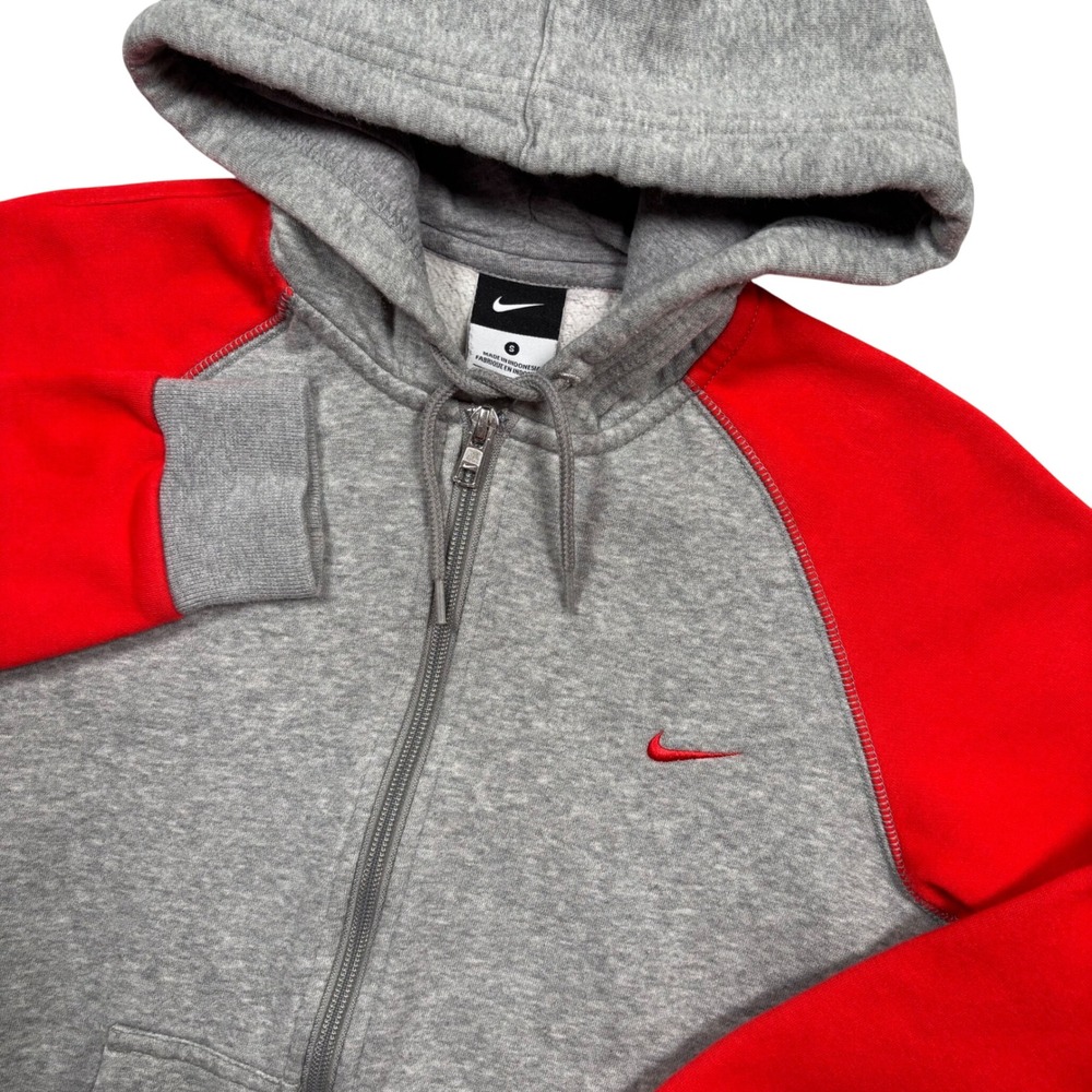 Y2K Nike Full Zip Hoodie Women S (FIT XS) Grey Red Colorblock Raglan Fleece Logo